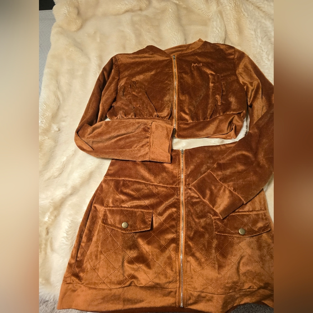 Mini Beast Copper Velvet Blazer And Skirt